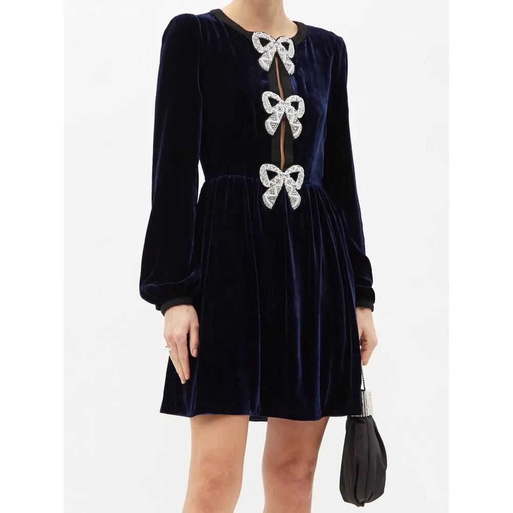 Saloni Camille Bows Mini Dress US 2 Navy Velvet Embellished Dress